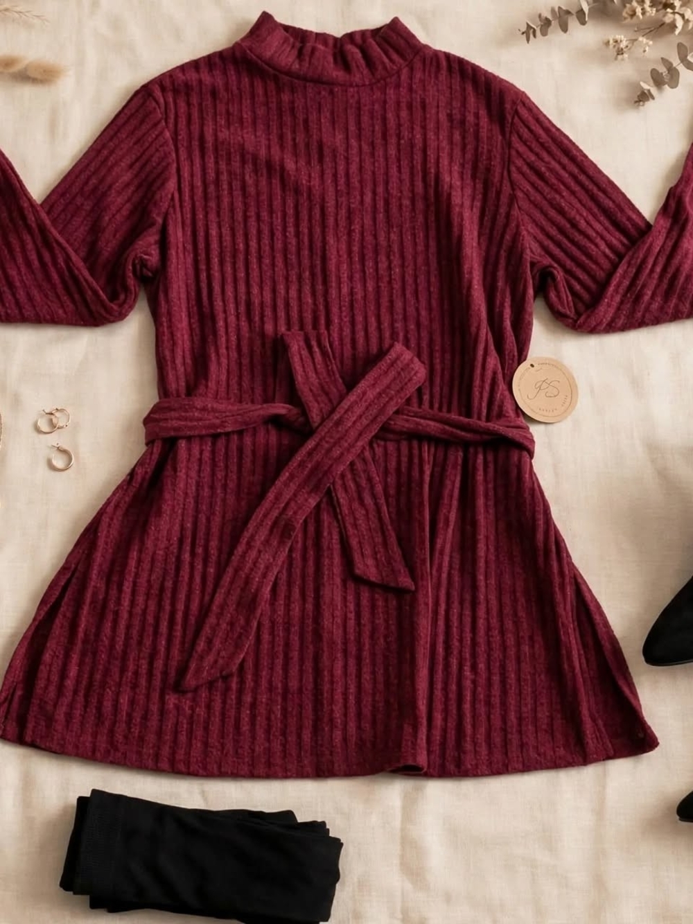 NWT Burgundy Sweater Dress L - Parallel Skies Ribbed Tie Waist - New!